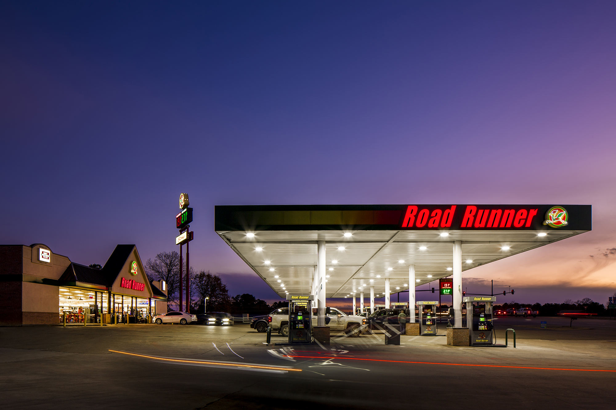 Road Runner store at dusk